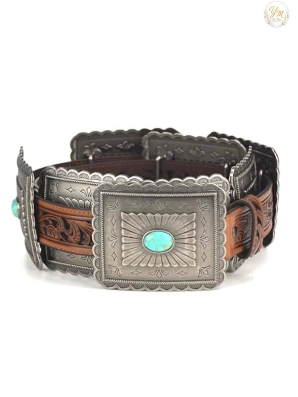Western Leather Belt with Turquoise Concho Accents